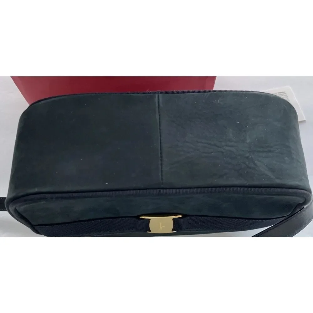 SALVATORE FERRAGAMO Vara Shoulder Crossbody Bag Suede Leather Black